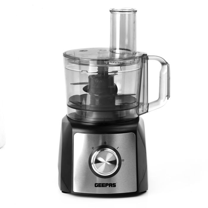 Geepas GMC42015UK 1200W Compact Food Processor | Multifunctional Electric Chopper With Shredder & Grater Attachments | 1.2L Bowl Capacity | Stainless Steel & Dough Blades Included - 2 Years Warranty