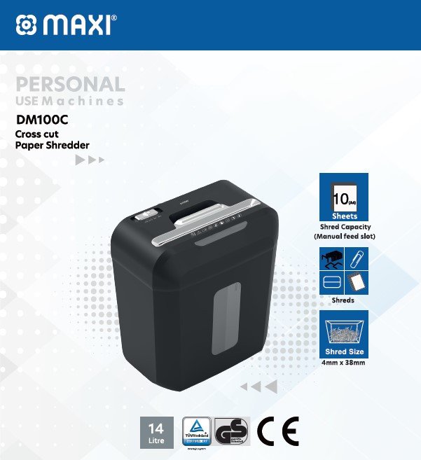 Maxi DM 100C Paper Shredder 10 Sheet Cross Cut  14 Litres