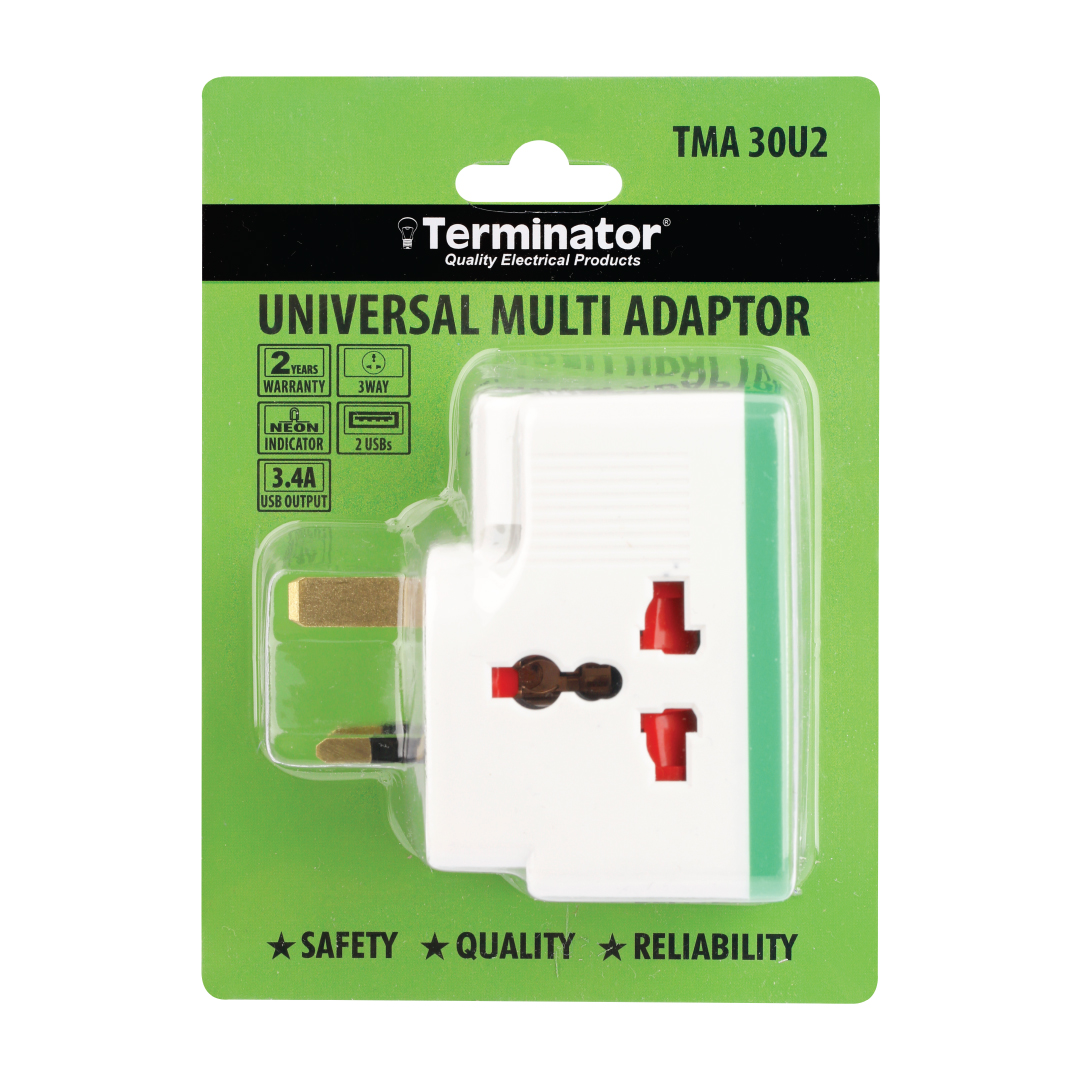 3 Way Universal Multi Adaptor With 2 USB Sockets 3.4A, Indicator & 13A Plug.