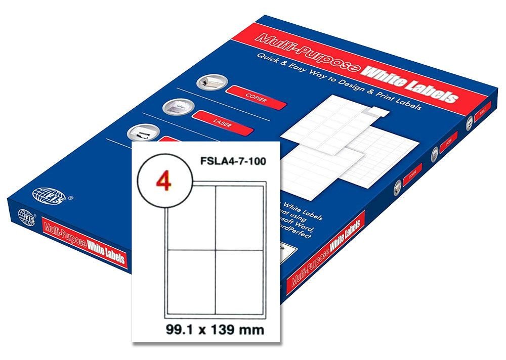 FIS Multipurpose Laser Labels, Colour White, Size 99.1X139MM, (4 Sticker x 100 Sheet) A4 Size, E.U. Origin Material - FSLA4-7-100