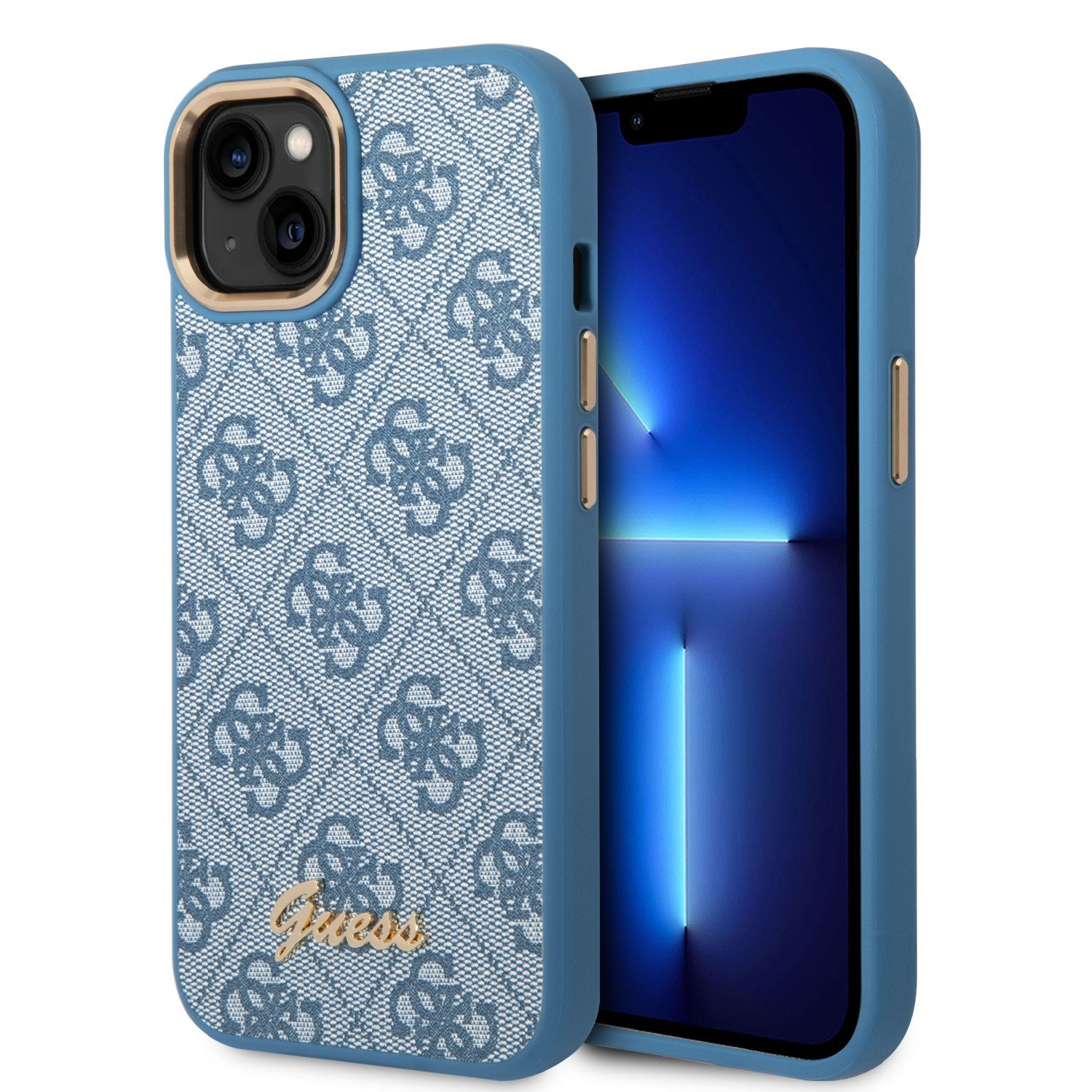 Guess PC/TPU 4G PU Case With Metal Camera Outline & Buttons For iPhone 14 - Blue