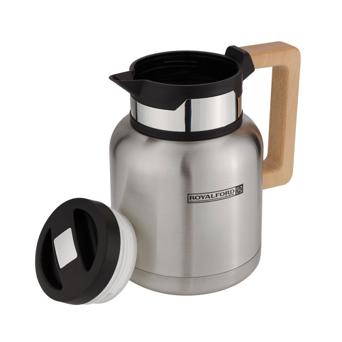 Stainless Steel Vacuum Jug With Wooden Handle, 1.2L, RF10170 | Thermal Insulated Airpot | Keep Drinks Hot & Cold Up To Hours | Portable & Leak Proof Thermal Flask