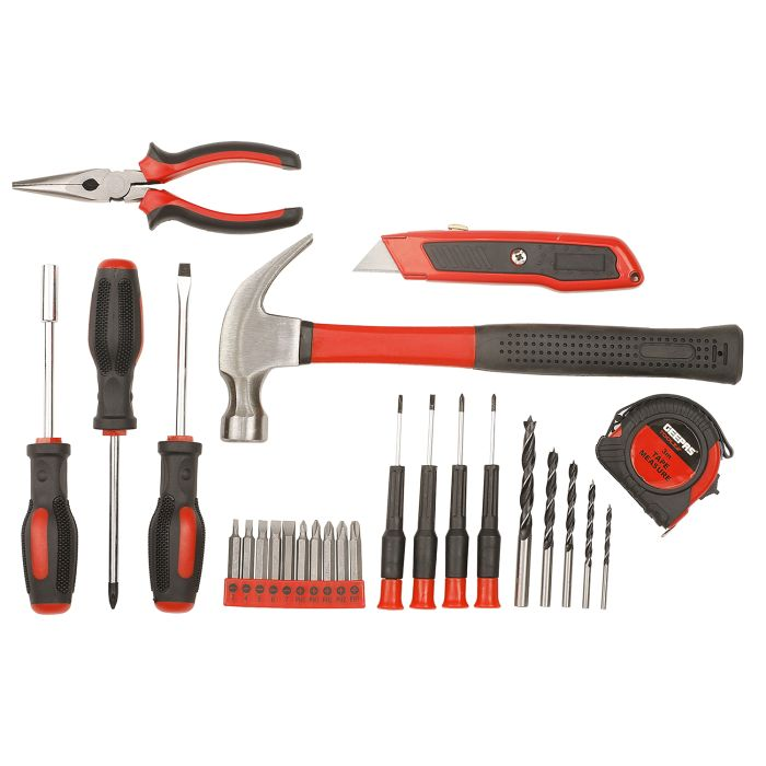 Geepas GT7671 27 Pcs Cordless Drill 12V Combination Tool Kit - Includes Handtools, Drill, & Screwdriver, No Load Speed, Less Power Consumption, LED Light, Battery LED