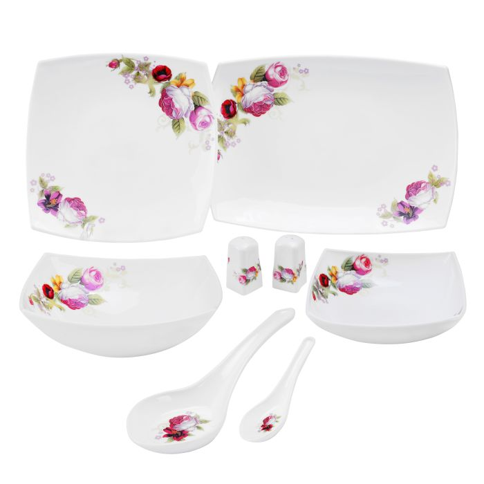 Royalford RF9758 71Pcs Opal Ware Dinner Set - Floral Design Plates, Bowls, Spoons & Salt & Pepper Set | Comfortable Handling | Ideal For Everyday Use, Family Get- Together, Restaurant, Banquet (Multi