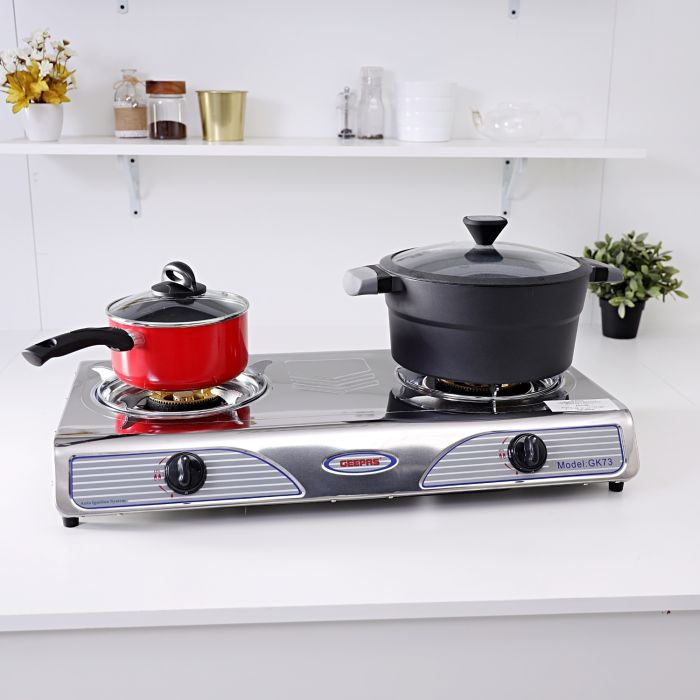 Geepas 2-Burner Gas Hob - Portable Attractive Design, Automatic Ignition, 2 Heating Zones | Stainless Steel Panel | Quick Cooking | Compatible To All Cook Tops