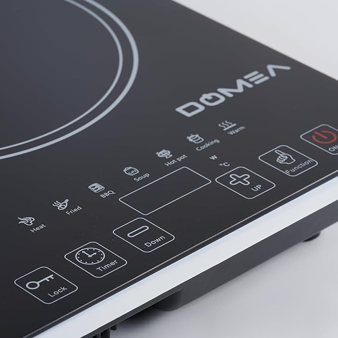DOMEA Infrared Cooktop, 1 Burner With 7 Preset Fuctions | A-Grade Micro Crystal Panel With Easy Touch Digital Display, For Fast & Precise Cooking, All Cookwares, Child Safety Lock | 2000W Power
