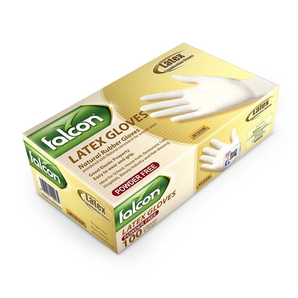 Falcon Latex Gloves MEDIUM Powder Free (1 Pack X 100 Pieces)
