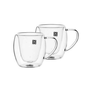 Royalford Bars 2Pc Double Wall Mug Set - Borosilicate Glass - Clear - 250 ML