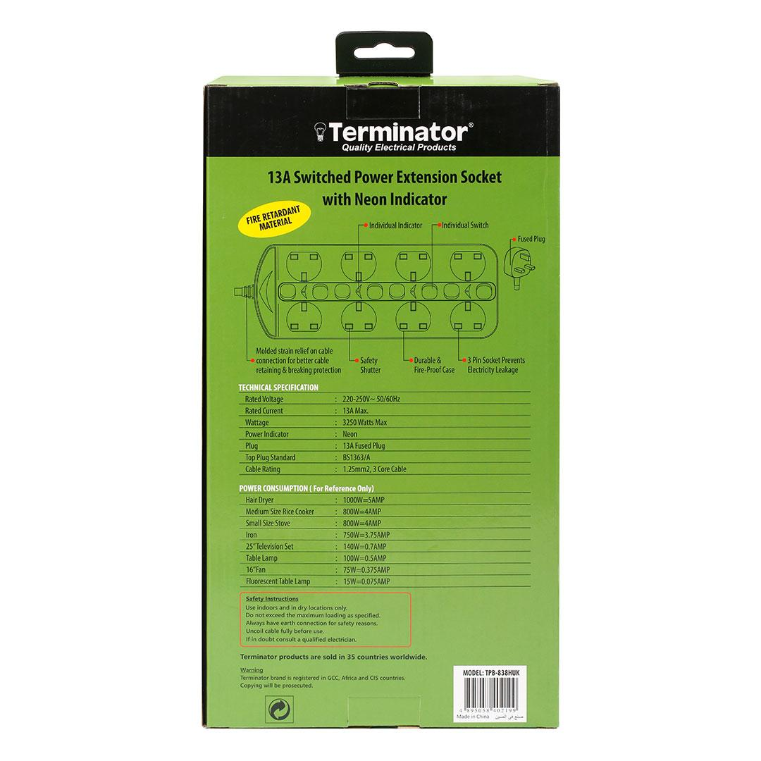 8 Way Double Side UK Power Extension Socket With Individual Switches 3M 1.25mm2 Cable 13A Plug