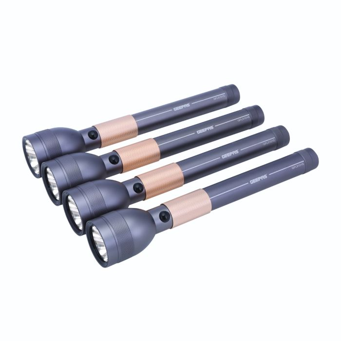 Geepas 4 In 1 Rechargeable Waterproff Family Pack LED Flashlight 1900 MAh - 330 Lumens Super Bright Light Rechargeable Flashlight| Aluminium Body, Water Proof, Highly Durable CREE LED Lights