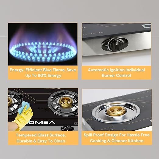 DOMEA Gas Burner With Auto Ignition, 2 Burners Stove, With Tempered Glass Top, Countertop Cooktop, Perfect For Home, Apartments, Camping, Large Events