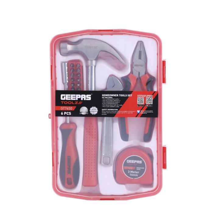 Homeowner Tool Set, Bi-Coloured Red/Black-Includes Claw Hammer, Adjustable Wrench, Screwdriver Handle, Bits, Tape Measure, And Combination Pliers
