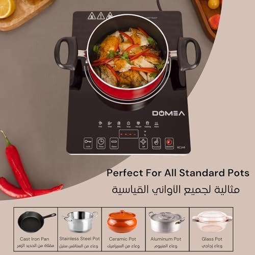 DOMEA Infrared Cooktop, 1 Burner With 7 Preset Fuctions | A-Grade Micro Crystal Panel With Easy Touch Digital Display, For Fast & Precise Cooking, All Cookwares, Child Safety Lock | 2000W Power