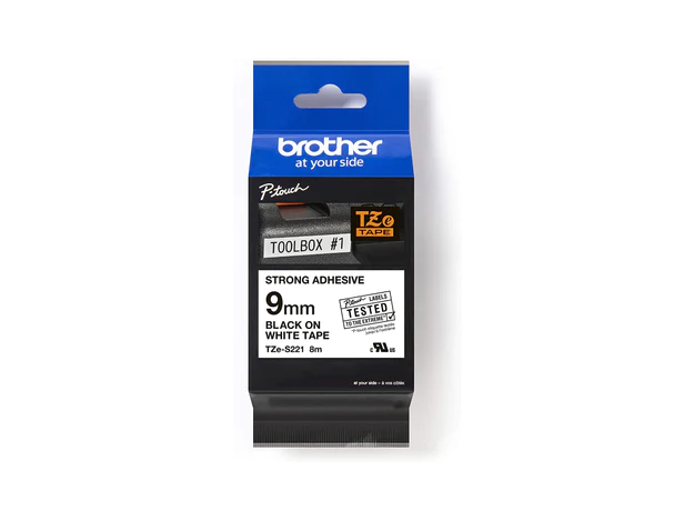Brother P-touch 9mm TZ-S221 Strong Adhesive Tape, Black on White