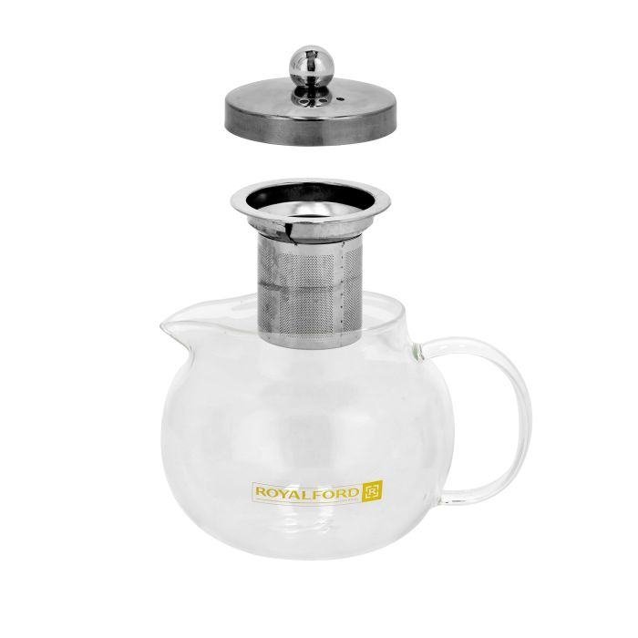 Royalford RF8265 Glass Tea Pot With Stainless Steel Strainer - 650 ML, Easy Grip Handle, Ideal For Tea, Coffee, Milk, Herbal Tea, Flower Tea, And More