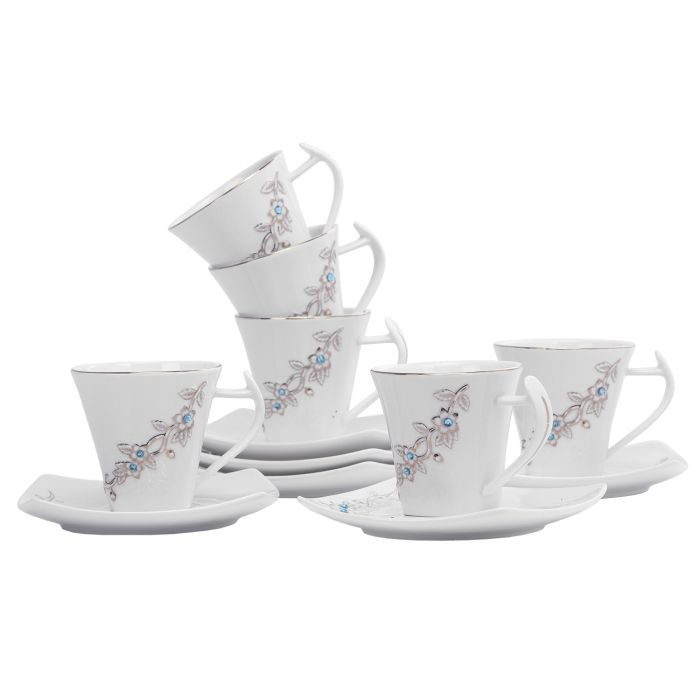 Royalford RF5728 12PCS Bone China Square Cup & Saucer Set - Ideal For Daily Use - Non-Toxic, Ecologically Tasteless, Smooth Surface, Translucent, Comfortable Grip And Lightweight - Pack Of 6