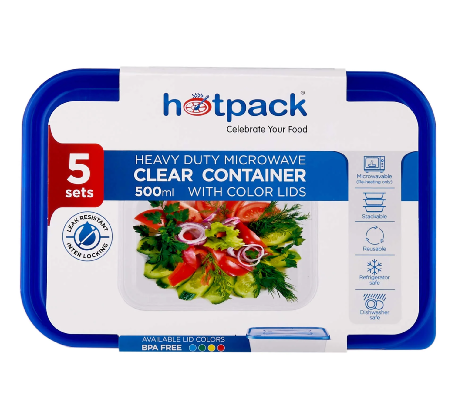 Clear Rectangular Heavy Duty Microwave Container with Color Lids 5 Pieces