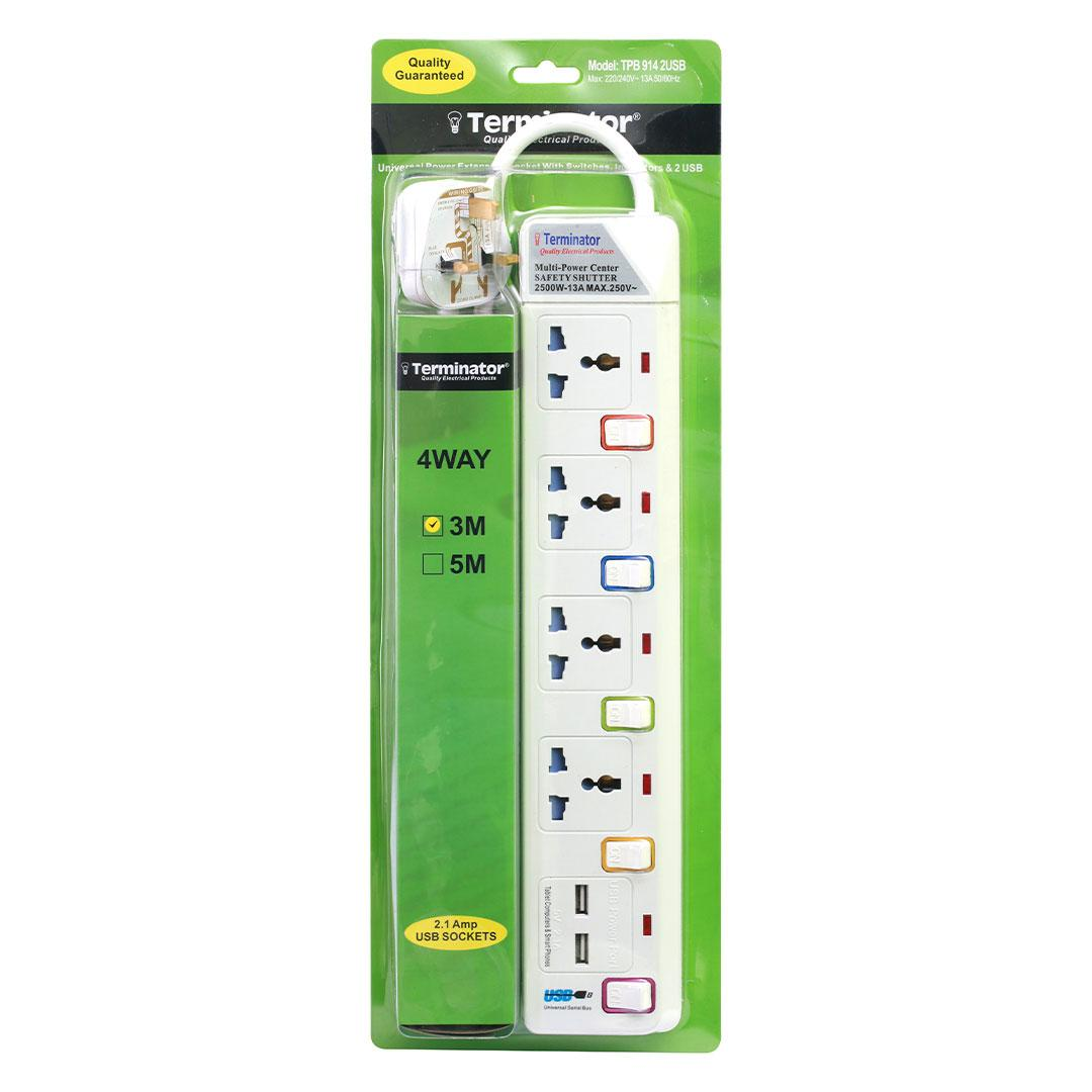 4 Way Power Extension Socket With 2 USB 2.1A 3M 13A Plug