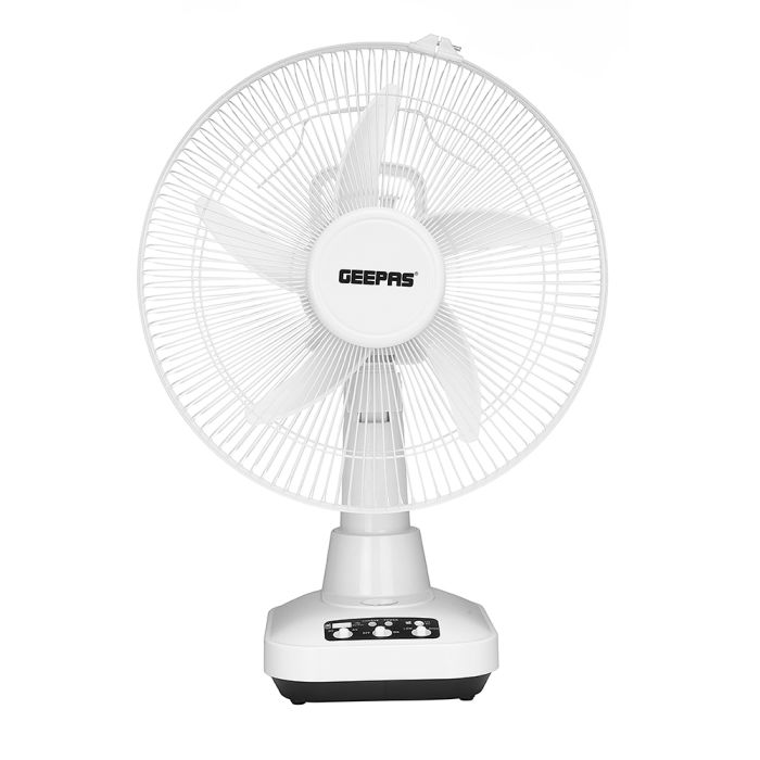 Geepas 12'' Rechargeable Oscillating Fan - 2 Speed Settings With Oscillating/Rotating And Static Feature | Electric Cooling Fan With LED Light, USB Output For Office, Home & Outdoor Use - 2 Year Warra