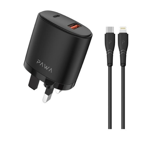 Pawa Solid Travel Charger Dual PD & QC Port With Type-C to Lightning Cable- black