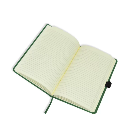 FIS Notebook With Elastic Band Italian PU Cover, Ivory Paper, Single Ruled, Green Color, 96 Sheets, Pen Holder With Gift Box, 13 x 21 cm Size