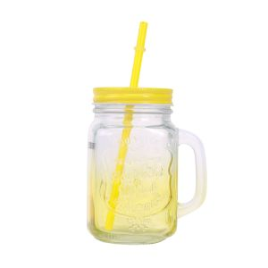 Royalford 500Ml 17Oz Two Tone Drinking Mason With Handle And Pp Straw - Glass - Clear
