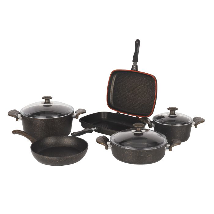 Chef Mark Granite Coated Cookware Set, 9 Pieces, RF10268 | Premium-Quality Aluminium | Tempered Glass Lid | Heavy-Duty Bakelite Handles | Compatible With All Types Of Gas