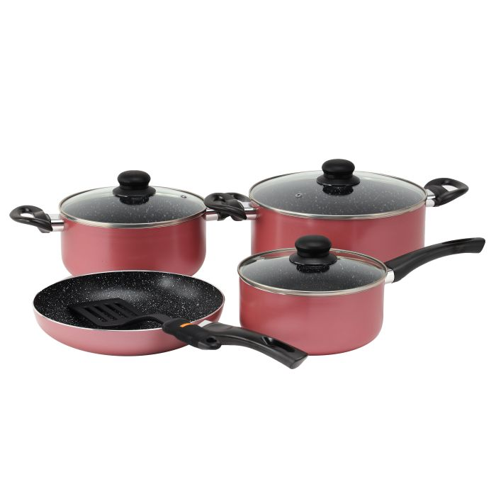 8pcs Aluminium Cookware Set With Granite Coating, RF9437 - 3 Layer Construction, Strong Aluminium Body, CD Bottom, Tempered Glass Lid With Steel Frame