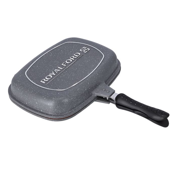 Royalford 32 Cm Smart Double Grill Pan - 3 Layer Granite Non-Stick Coating With Magnetic Handle - Flipping Grill Frying Pan | Multiple Hob Compatibility | Ideal For Grilling Chicken, Vegetable, Meat &