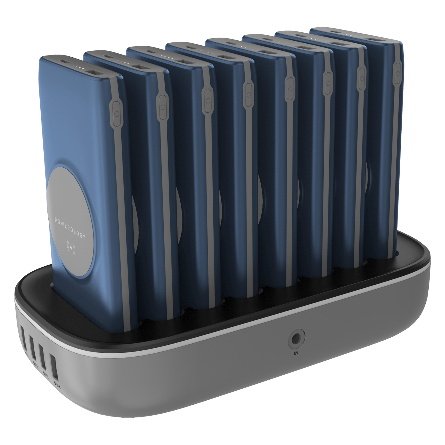 Powerology 8 in 1 Wireless Power Bank Station 10000mAh with Built-In Cable ( Lightning & Type-C ) PD 20W - Blue