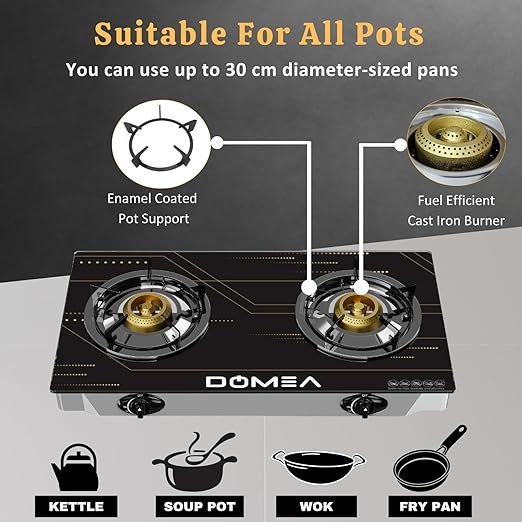 DOMEA Gas Burner With Auto Ignition, 2 Burners Stove, With Tempered Glass Top, Countertop Cooktop, Perfect For Home, Apartments, Camping, Large Events