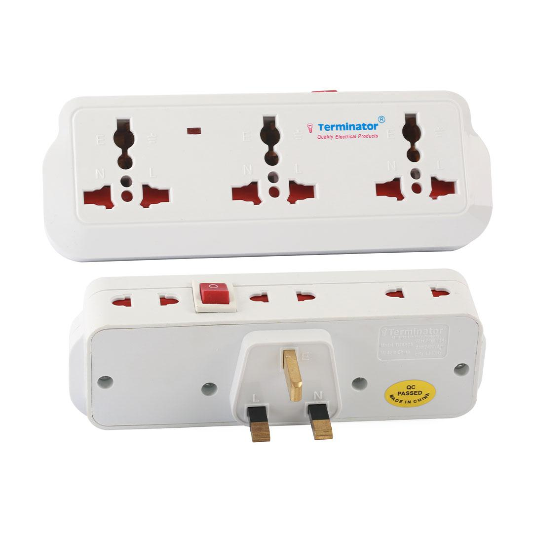 Multi Adaptor Universal 3 Pin Flat With Switch 3 Way 3 Pin Spocket + 3 Way 2 Pin Socket