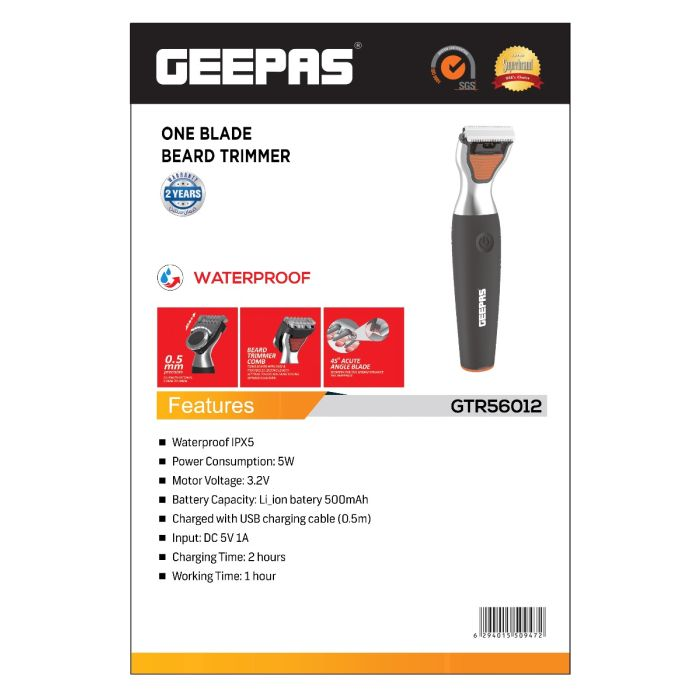 Geepas One Blade Beard Trimmer | 2 In 1 Grooming Kit Body Groomer & Face Stubble Beard Trimmer | Waterproof, Beard Trimming Comb, Ideal For Sensitive Skin, 20 Length Settings - 2 Years Warranty