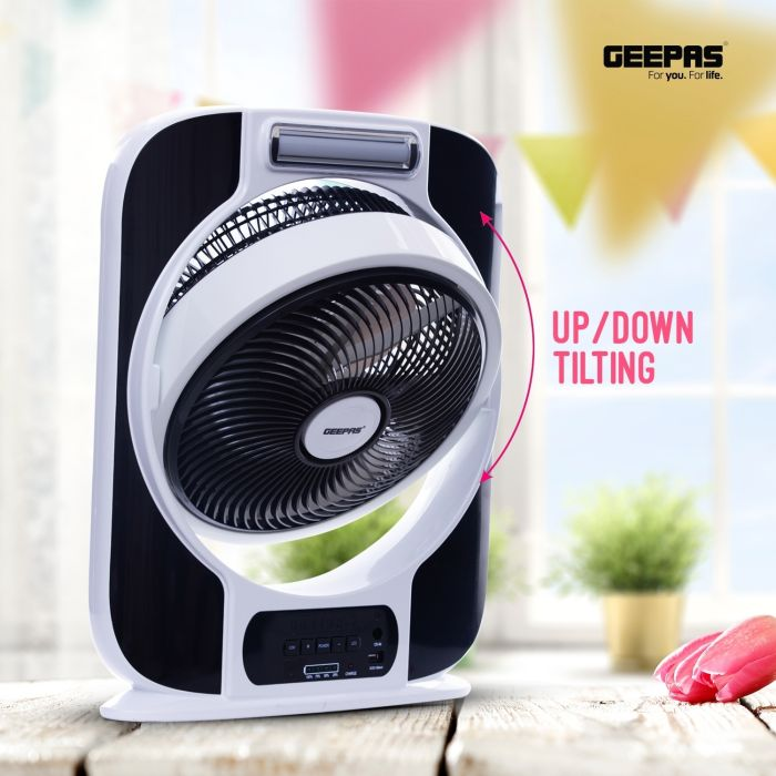 Geepas 12'' Rechargeable Box Fan - 16 Pcs Hi-Power SMD LED Light - USB Fan For Office, Home & Travel Use - 40 Hours Working - 2 Year Warranty