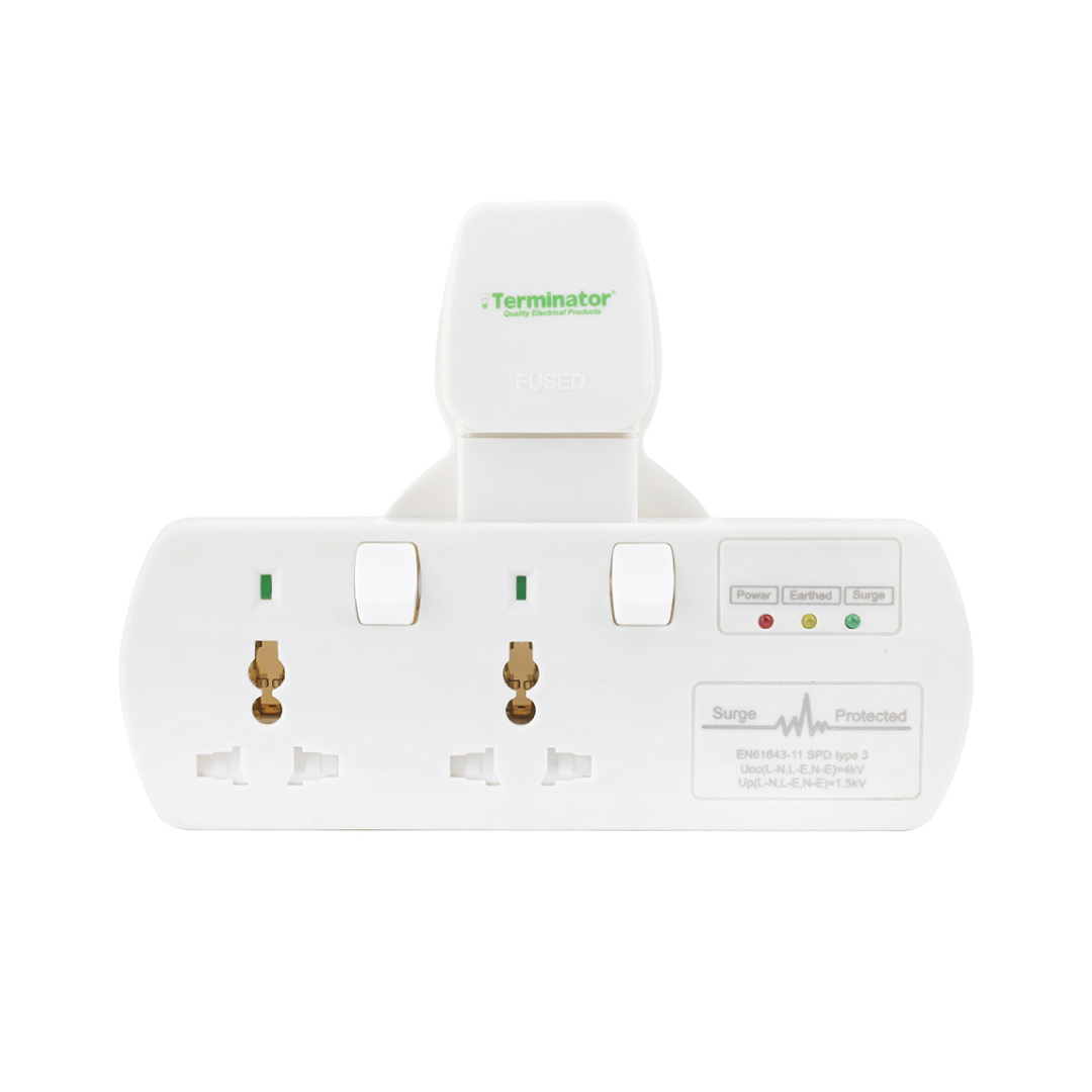 2 Way Universal T Socket With Surge Protection, Individual Switch, And Indicator