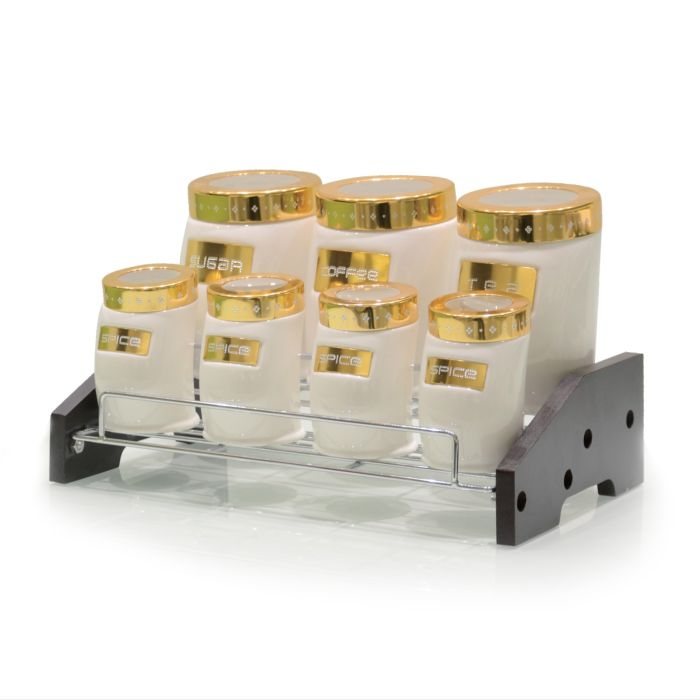 Royalford 7 Pcs Slanting Shape Canister Set With Wooden Stand - Porcelain Material - Transparent Lid - Convenient To Use - Spices, Seasoning - Dry Herbs