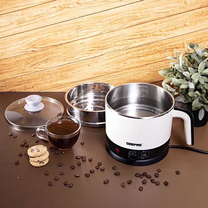 Geepas Double Layer Multifunction Cooker 1000W - Electric Rice Cooker, Nonstick With Glass Lid Electric Skillet For Cooking Soup Rice, Porridge Fried | Ideal For Indoor & Outdoor Use