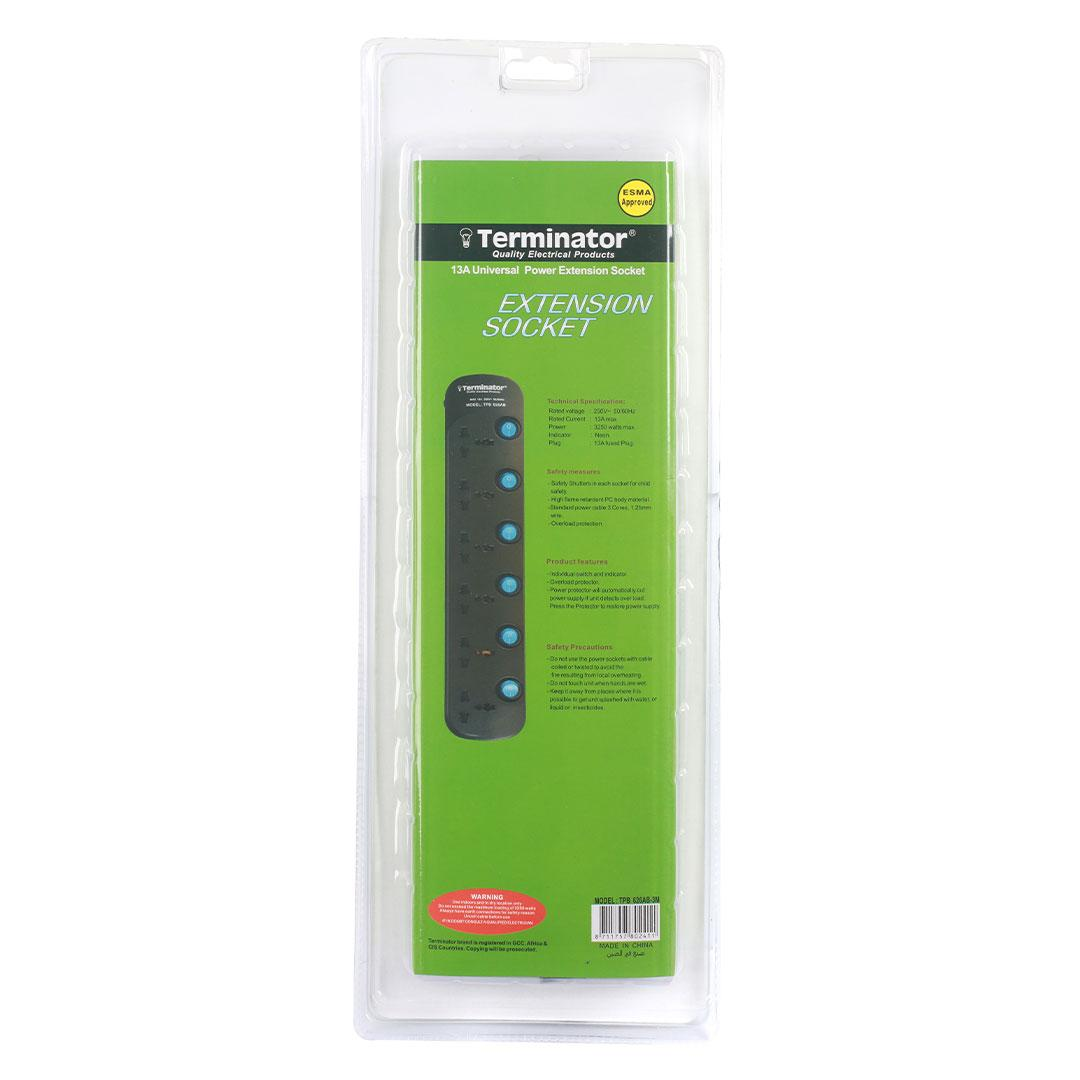 6 Way Universal Power Extension Socket 3X1.25MM2 Black Body & Blue Switch 3M Cable 13A Plug