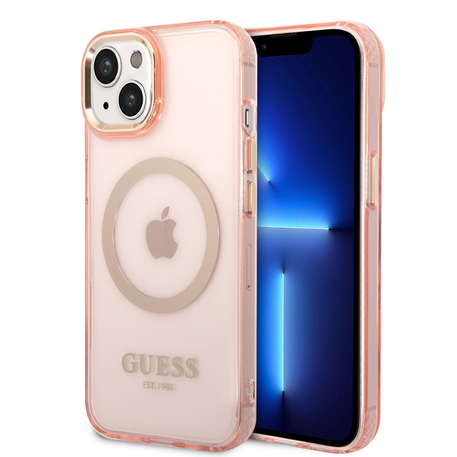 Guess Magsafe Case With Translucent Gold Outline For iPhone 14 - Pink
