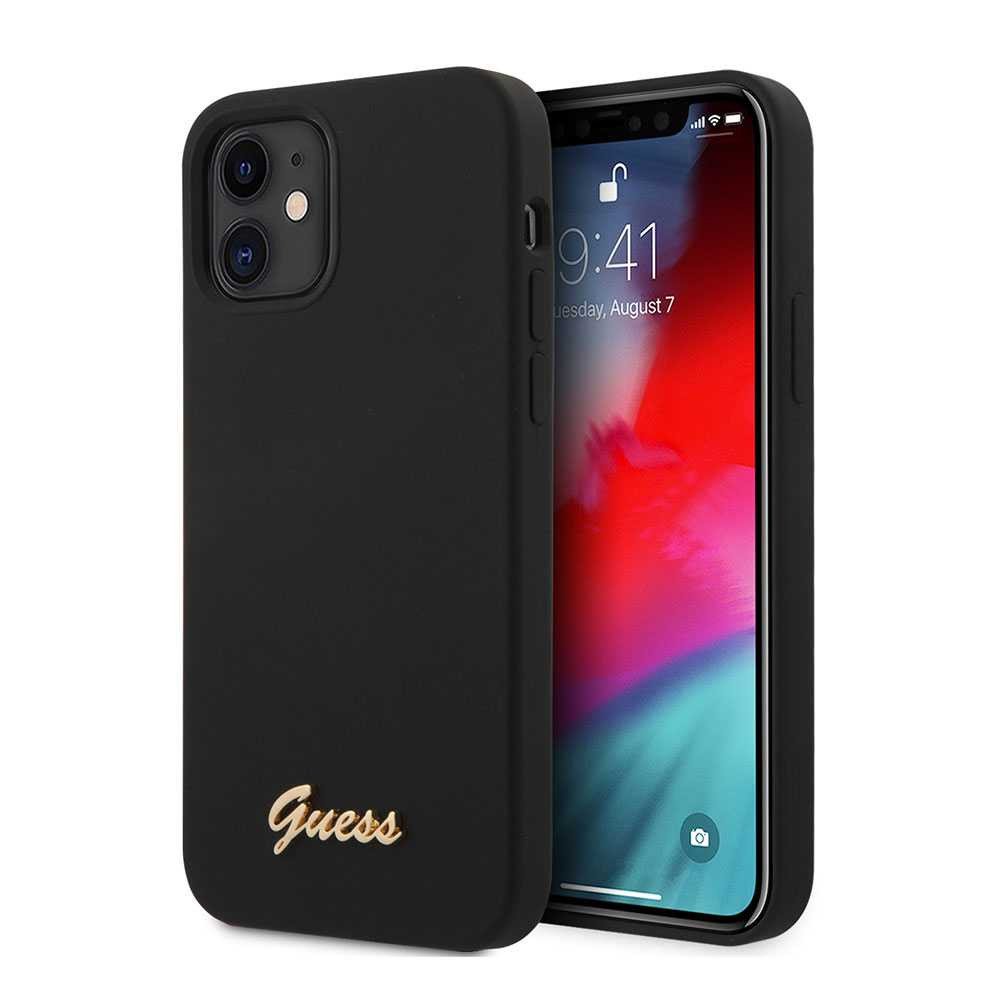 Guess SIlicone Hard Case w/ Metal Logo Script for iPhone 12 Mini (5.4") - Black