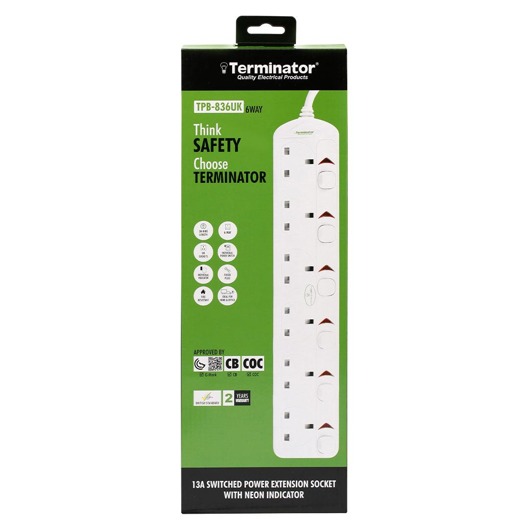6 Way UK Power Extension Socket With Individual Switches 3M 1.25mm2 Cable 13A Plug