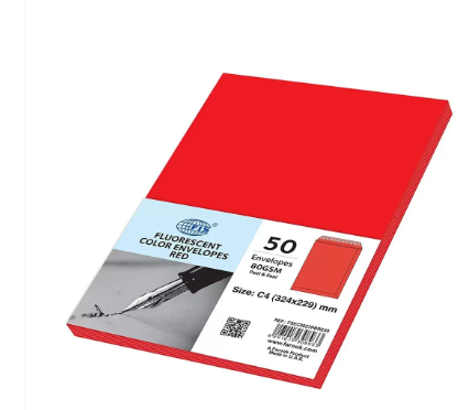 FIS Color Envelopes Peel & Seal, Neon Colors, Pack of 50 Pcs. Red Color, C4 (324 x 229 mm), 80 GSM - FSEC8027PBRE50