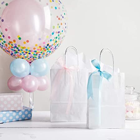 White Paper bags with handles Small Kraft Gift bags for Birthday Party Favors, Weddings, Merchandise, Goodies, Baby Shower (24 Bags)