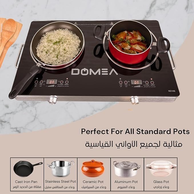 DOMEA Infrared Cooktop, 2 Burner With 4 Preset Functions | A-Grade Micro Crystal Panel With Easy Touch Digital Display, For Fast & Precise Cooking, All Cookwares | Child Safety Lock, 1800W+1800W Power