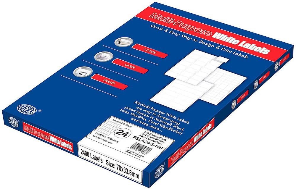FIS Multipurpose Laser Labels, Colour White, Size 70X33.8MM, (24 Sticker x 100 Sheet) A4 Size, E.U. Origin Material - FSLA24-5-100