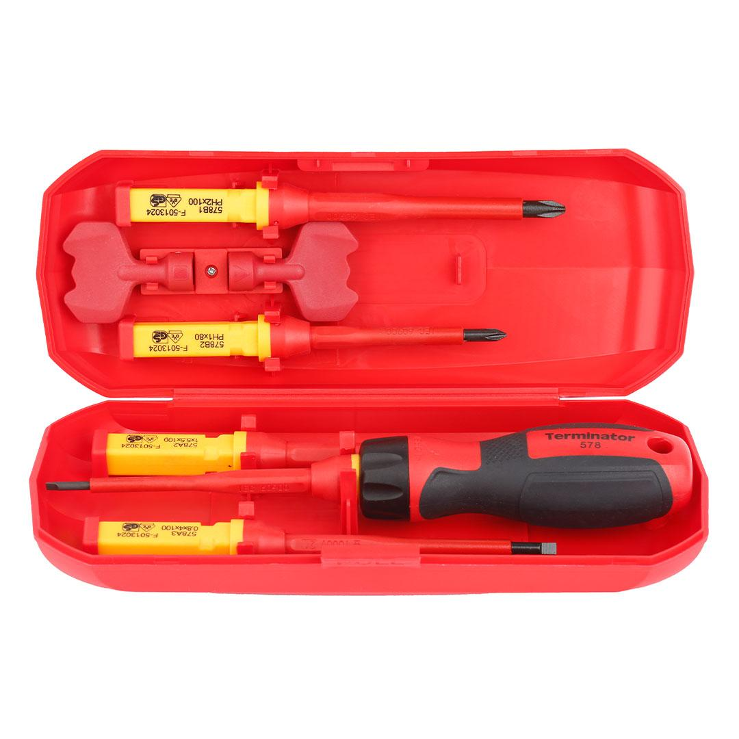 Terminator Screwdriver Set VDE Insulated 1000V 8 Pcs. 3 pcs Slotted, 2 pcs Phillips, 1 each pc of Screwdriver Handle, Triangle Lock & Square Lock Key
