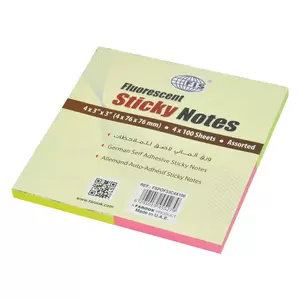 FIS Sticky Note, 4 Assorted Fluorescent Colours in Sets, Size 3 x 3 Inch, 4 Colours x 100 Sheets, Quantity per Pack 6 - FSPOF33C4X100