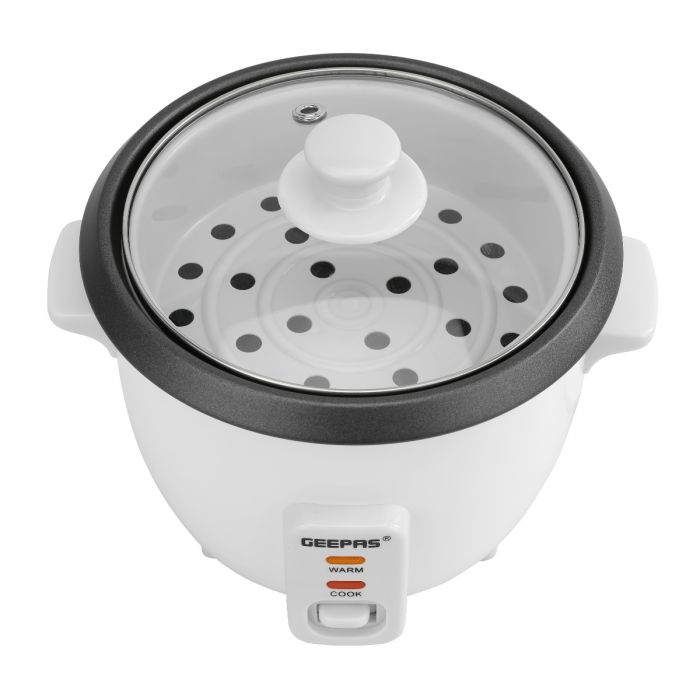 Geepas 0.6 L Multifunctional Rice Cooker- 300W, Equipped With Tempered Glass Lid, Rice Spoon, Plastic Inner Steamer And Measuring Cup
