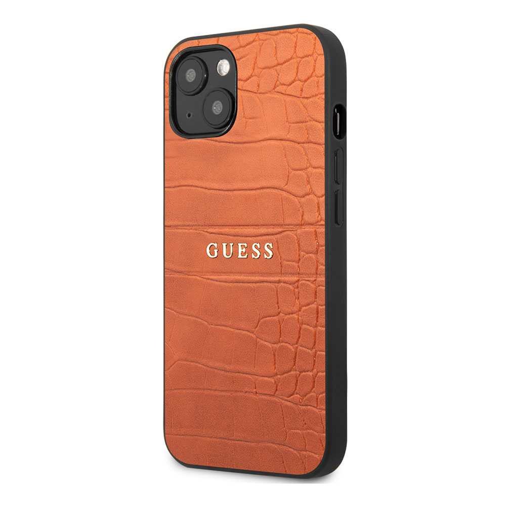 Guess PU Leather Croco Case Hot Stamped Lines And Metal Logo For iPhone 13 Mini (5.4") - Orange