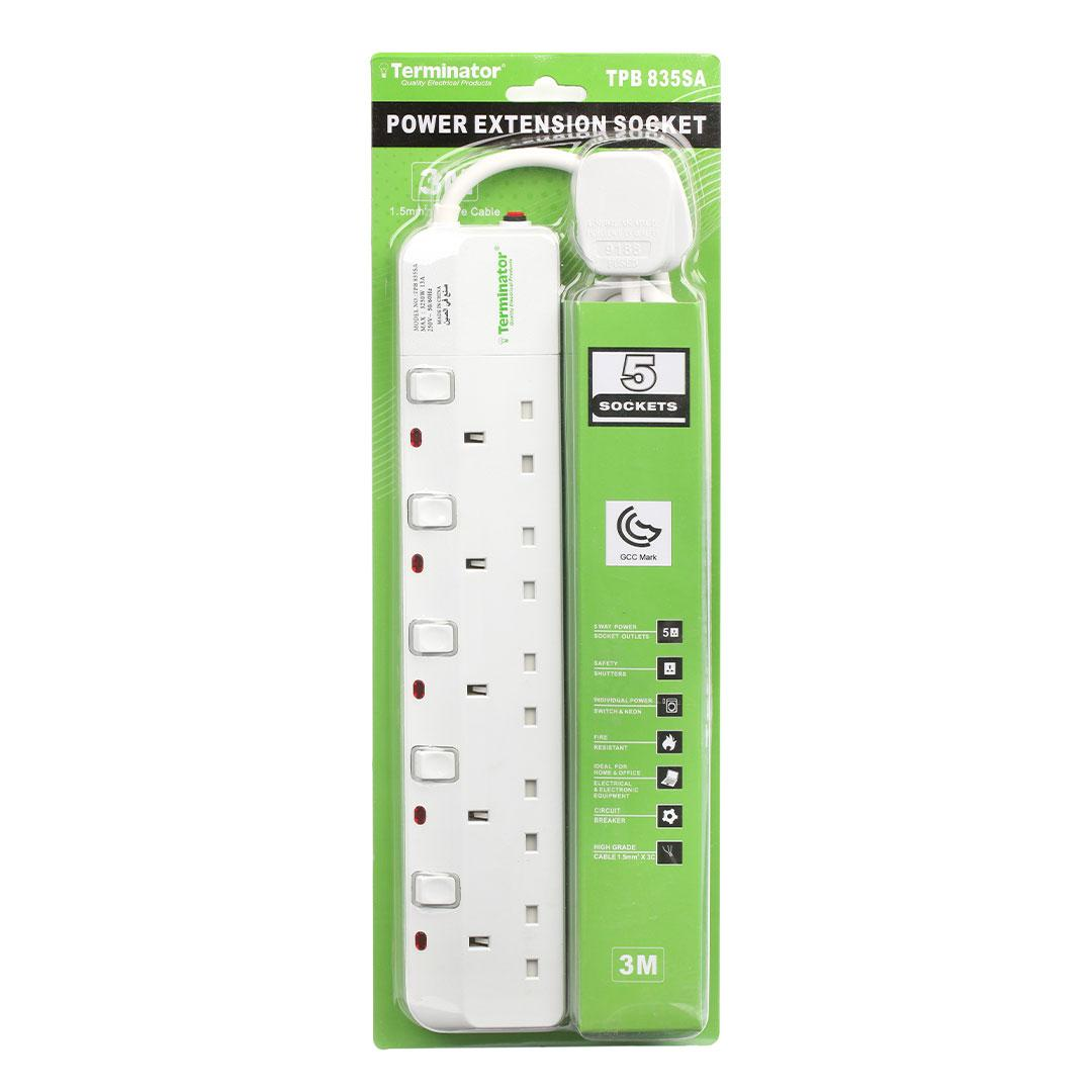 5 Way UK Power Extension Socket With Indicator And Individual Double Pole Switches 3M Cable 13A Plug
